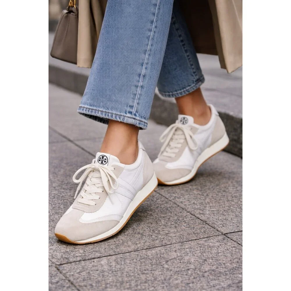 Tory Burch White Leather Suede Sneakers Size 8.5M Retro Runner Lace Up Casual - Picture 1 of 13